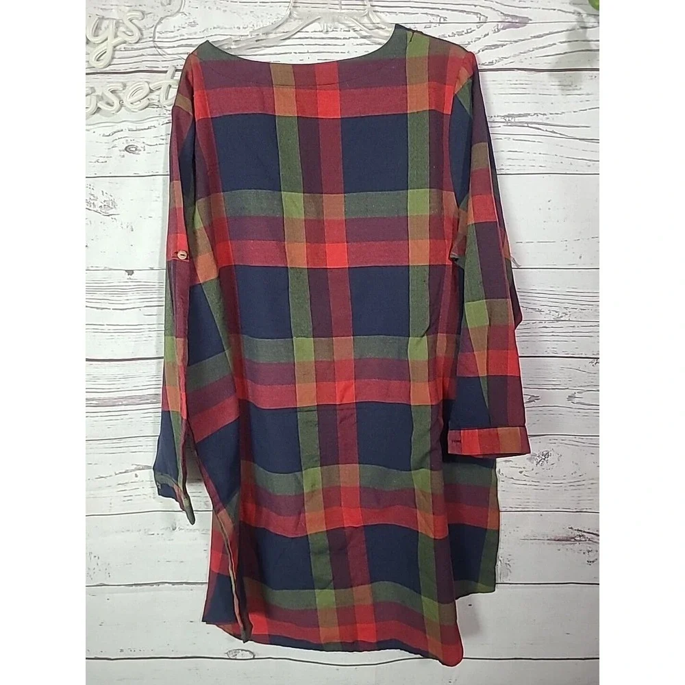 SHEIN Red Navy Blue Plaid Pocket Roll Tab Sleeve Shift Dress Womans Size 3XL - Picture 2 of 6